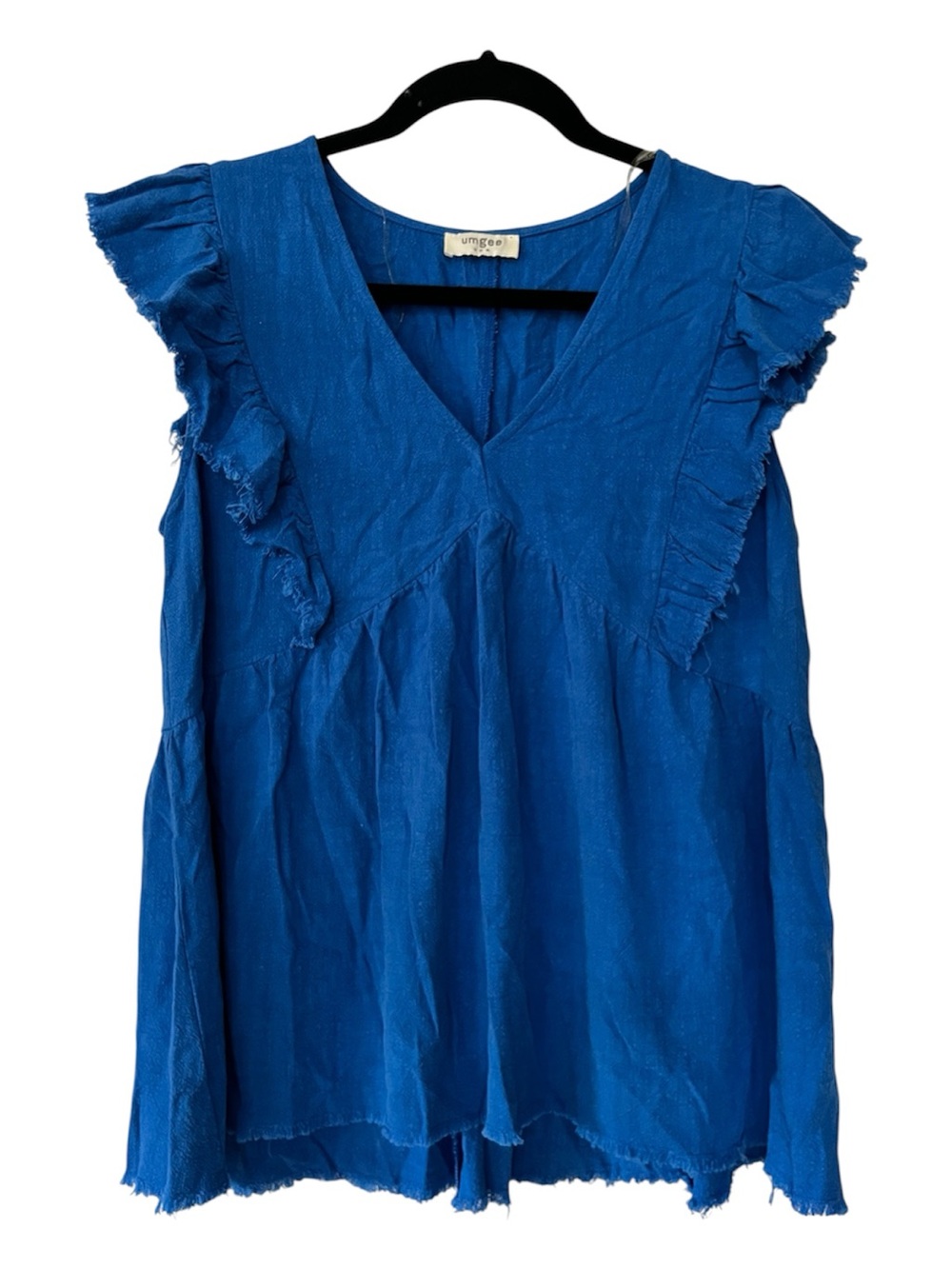 Women’s Umgee sleeveless top/ bright Blue with raw Ruffle trim /Size Small/New